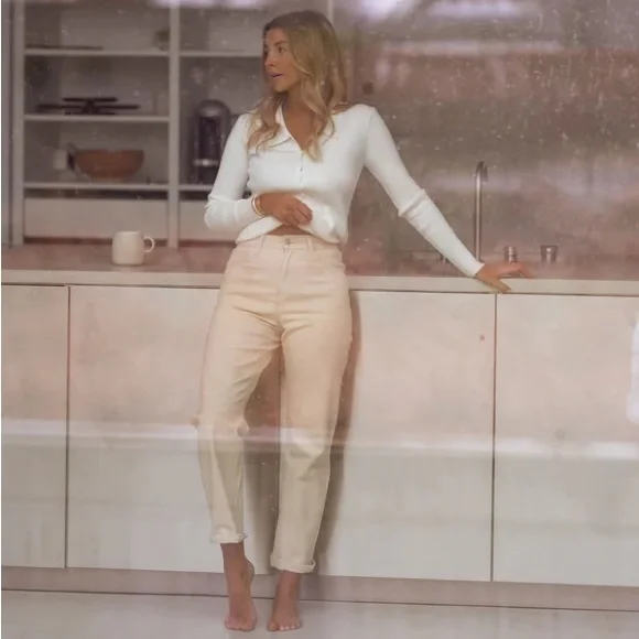 Ecru / Off White High Waisted Straight Leg Jeans - Picture 1 of 4